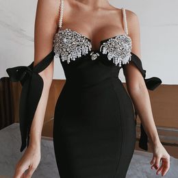 2024 Women Fashion Dress Runway Dresses Water Diamond Bead Waist Bandage Dress Fashionable Party Small Black Dress Bow Tie Dress Tide