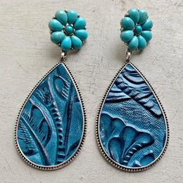 Stud Earrings 2023 Wholesale Western Embossed Leather Bohemian Pattern Turquoise Pumpkin Flower Metal Simple Fashion