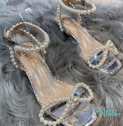 Pearl sandals female small fragrant wind single skirt INS fairy style belt bow transparent in rough with Roman shoes