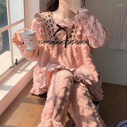 Women's Sleepwear Lace Women Pajamas Set Winter Fleece 2 Piece Pant Ruffles Home Suit Fluffy Piiama Warm Solid Fashion Night Wear 2023