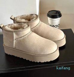 Warm Australia Sheepskin Leather Ultra Mini Designer Boots Womens Winter Snow Booties 5CM Platform Heels Ankle Wool Fur