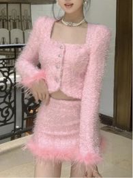 Two Piece Dres 's Autumn Sweet Style Tweed Woolen Pink Set French Square Collar Long sleeved Jacket high waisted short Skirt Suit 231207