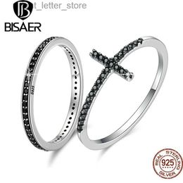 Solitaire Ring BISAER 925 Sterling Silve Ring Size 6-9 Simple Black Zircon Finger Stackable Round Cross Rings For Women Party Fine Jewellery YQ231207