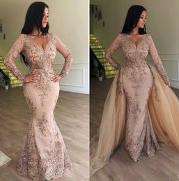 Sparkly Mermaid Evening Dresses Long Sleeve V neck Lace Prom Dress With Detachable Train Formal Party Gowns Junior Bridesmaid