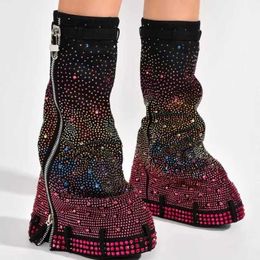 Fashion Slope Heel Cowboy Boots Full Star Rhinestone Pointed Toe Women's Boots Large Size Long Belt Buckle Slope Heel Boots 122123