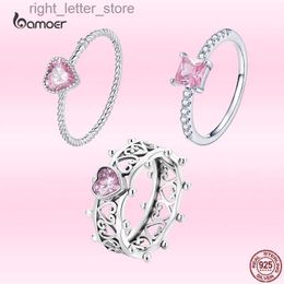 Solitaire Ring Bamoer 925 Sterling Silver Vintage Hollow Rings Romantic Pink Heart Zircon Finger Rings for Women S925 Wedding Jewellery Gift YQ231207