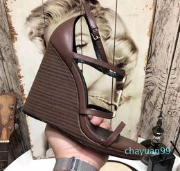 Designer ladies wedge high quality T strap high heels sexy patent leather women dress letter fashion metal buckle