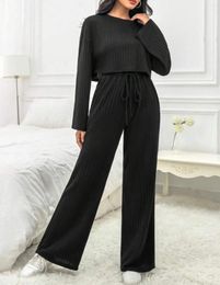 Women's Two Piece Pants Wide Legs Long Pant Sets Casual Solid Colour Knitted Set Women 2023 Autumn Winter Sleeve Short Top High Waist