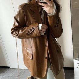 Women's Leather Autumn Winter Brown Coat Casual Loose Suit Jacket Ladies Retro Quilted Warm Motorcycle PU Tops