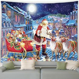 Tapestries Winter Christmas Tapestry Santa Claus Reindeer Gifts Town Night Snowy Scene Year Wall Hanging Home Living Room Decor Mural 231207
