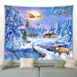 Tapestries Christmas Tapestry Santa Claus Elk Christmas Tree Snow House Snowman Background Wall Hanging Tapestries Holiday Decor Blanket 231207