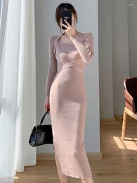 Casual Dresses For Women 2023 Halter Criss Cross Lace Up Knit Midi Dress Sexy Cold Shoulder Long Sleeve Side Slit Pencil