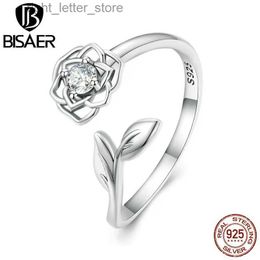 Solitaire Ring BISAER 925 Sterling Silver Hollow Camellia Eternity Finger Rings Flower Adjustable Ring Size 6-9 For Women Party Fine Jewellery YQ231207