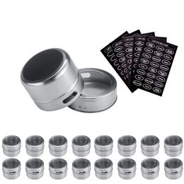 Herb Spice Tools LMETJMA Magnetic Spice Jar Set With Stickers Stainless Steel Spice Tins Spice Storage Container Pepper Seasoning Sprays Tools 231206