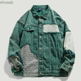 Men's Jackets Hip Hop Distressed Denim Jacket Men Vintage Harajuku Patchwork Cowboy Coats Streetwear Casual Loose Varsity Jackets Unisex Green YQ231207