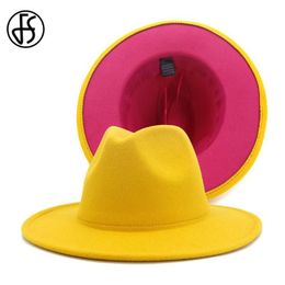 FS Yellow Rose Patchwork Wool Felt Jazz Fedora Hats Women Unisex Wide Brim Panama Party Trilby Cowboy Cap2478