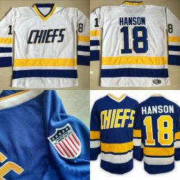 # 18 Джефф Хэнсон Чарльстаун Джерси Мужские хоккейные майки Hanson Brother Slap Shot 100% сшитая вышивка из фильма Синий Белый