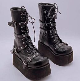 Plus Size 42 Autumn Women Boots Buckle Round Toe Wedges Platform Boots Punk Goth INS Women Street Shoes Combat Boots for Women