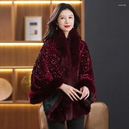 Women's Fur Faux Collar Shawls And Wraps 2023 Winter Fashion Sequined Poncho Capes Ladies Sleeveless Warm Outwear Cloak Coat