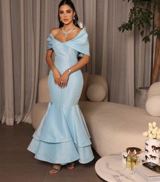 Vintage Short Light Blue Satin Evening Dresses Mermaid Ruffled Off Shoulder Pleated Prom Dress Muslim Ankle Length Party Dresses for Women