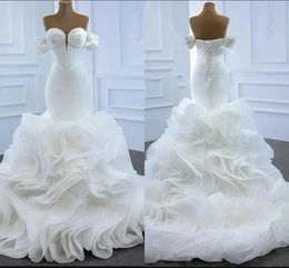 Mermaid Wedding Dress 2024 Off the Shoulder Sleeveless Lace Up Ruffles Organza Bridal Formal Gown Vestidos De Noiva