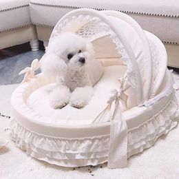 kennels pens Pet Cradle Bed with Cotton Puppy Kitten Princess Sofa Dog Cushion Morandi Beige 231206