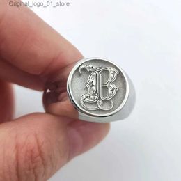 Band Rings Custom 925 Solid Silver Men Letter Engrave Ring Personalized 15mm Chunky Signet Ring 3D engraved Royal Initial Letter Ring Q231207