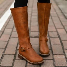 Boots Thigh high Boots brown Women Vintage leather Square Heel Zipper knee height buckle Boot Keep Warm Round Toe Shoes British Style9 231206