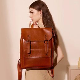 School Bags Genuine Leather Shoulder Women's Computer Backpack 14 Inch Large Capacity British Retro Model Luxury Designer Handbag 2024