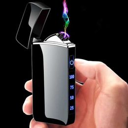 Touch Sensing Metal Electric Outdoor Windproof Lighter Dual Arc Flameless Plasma USB Rechargeable Lighters Digital Power Display