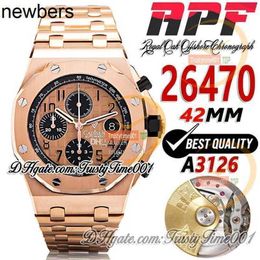Men Audemar Pigue Watch Apf Factory 42mm 26470 A3126 Chronograph Mens Rose Gold Champagne Black Textured Dial RG Stainless Steel Bracelet Super Edition trustyti