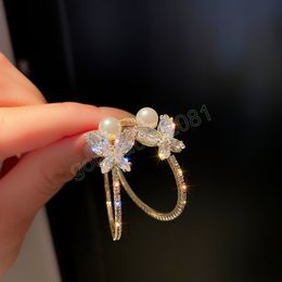 New Delicate Rhinestone Butterfly Drop Earrings Fashion Big Round Sweet Pearl Women Hoop Earrings Jewelry Girl's