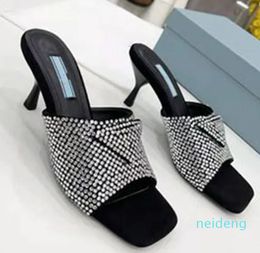 Sandals TriangleSexy Gauze Rhinestone Decorative Calico Ladies Dress Shoes Luxury Designer Smooth Leather Heel low heel elegant Size