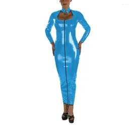 Casual Dresses Female Sexy PVC Glossy Faux Leather Long Pencil Dress Turtleneck Lockable Sleeve Slim Bodycon Maxi Sissy Clubwear