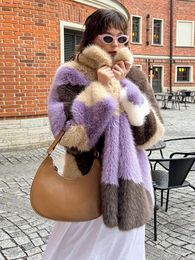 Women's Fur Lapel Faux Jacket Coat Women Loose Colorblock Long Sleeve Spliced Single Breasted Coats Female Winter Warm Streetwear