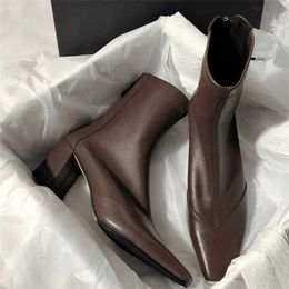 British French Short Boots Women Spring Autumn Single with Thick Heels Pointed Toe Slimming Versatile Martin Naked