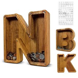 Storage Bottles Jars Twenty six English Alphabet Moneybox Coin Money Piggy Bank Wooden Letter Saving Box Desktop Ornament Home Decor Crafts For Kids 231206