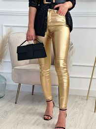 Women s Jean Leggings Faux Leather Pants Autumn Winter Gold Silver Fashion Lady Trousers Sexy Skinny Tight Pocket Button Female 231207