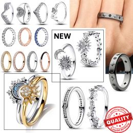 925 Sterling Silver Hot Selling Fashion 14K Golden Moon and Star Ring Set Diamond Heart Ring Women's Boutique PAN Jewelry Party Gift Free Shipping