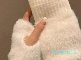 Five Fingers Gloves Mink Fleece Soft Winter Half Finger Women Warm Luxury Solid White Plush Knitted Fingerless Glove