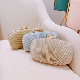 New design shiny pleated metal bow Goose Egg Clutch Dinner bag Stylish all-match women's chain bag