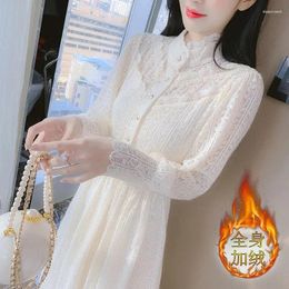 Casual Dresses Ladies Lace Dress 2023 Women's A-line Spring Autumn Winter Matching Coat Add Velvet Warm Mujer Vestidos