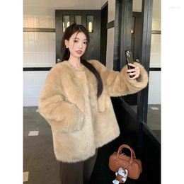 Women's Fur Sweet Girl Plush Faux Jacket For Winter Long-sleeved Loose O-neck Single Breasted Fashion Female Clothes