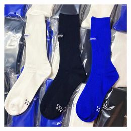 Men's Socks Black Blue And White Embroidered Pure Cotton Stockings For Men Women's Sports Solid Color Medium Length