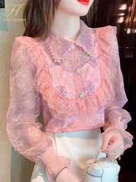 Women's Blouses Shirts H Han Queen Autumn Blusas Basic Embroidered Lace Vintage Tops Elegant Chiffon Blouse Women Loose Office Casual 231207