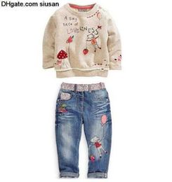 Free shipping new spring fashion Toddlers Kids Girls Clothing Sweater + Jeans suit Cartoon Outfits Clothes