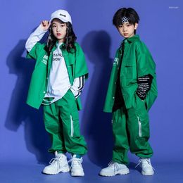 Stage Wear Ballroom Hip Hop Dance Costumes For Kids Green Shirts Cargo Pants Suit Girls Jazz Performance Rave Clothes DQS15047