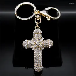 Keychains Aesthetic Cross Keychain For Women Men Rhinestone Alloy Gold Colour Jesus Christ Bag Charm Key Ring Religious Jewellery K9213S01