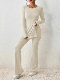 Women's Jackets Autumn Winter 2 Piece Sets Knitted Tracksuit 2023 oneck Sweater and Wide Leg Jogging Pant Pullover Suits 231206