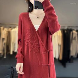 Casual Dresses Chinese Style Cashmere And Wool Knit V-neck Jumpers 2023 Fashion Winter Lady Pullovers NJ01